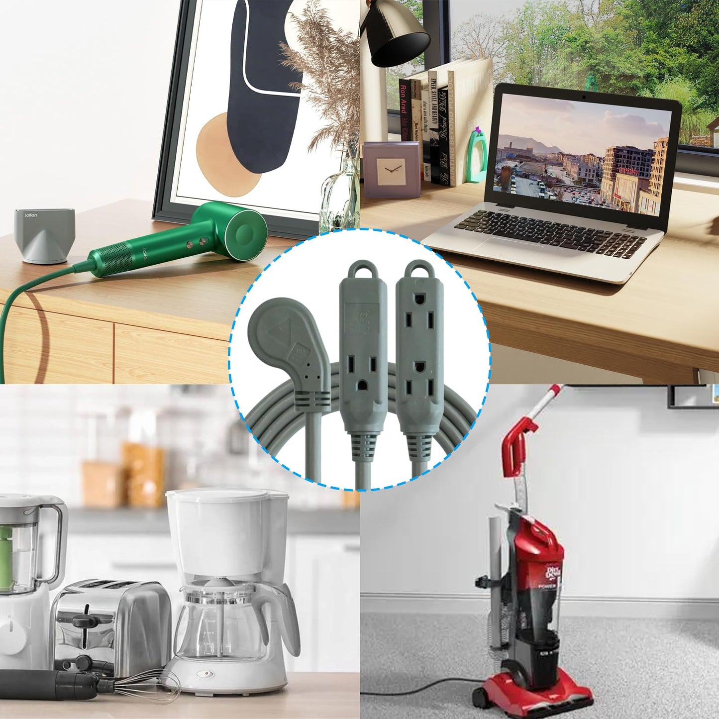 GREATIDE 15 Ft Flat Plug Extension Cord，16/3 SJT Indoor Low Profile 3 Outlets Extension Cable with 45° Angled Flat Plug, Multiple Outlets Extension Cord, Grey