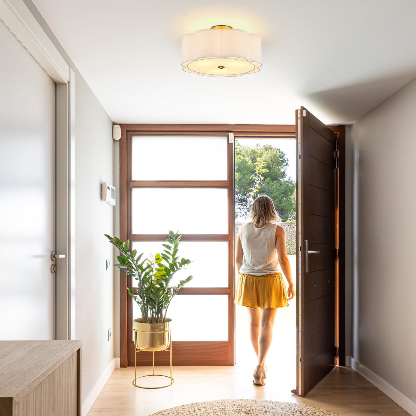 Widluth Modern Semi Flush Mount Ceiling Light 18" Modern Gold Drum Ceiling Lighting Fixture with Linen Shade Vintage Ceiling Lamp for Living Room, Bedroom, Kitchen, Dining Room, Hallway, and Entryway