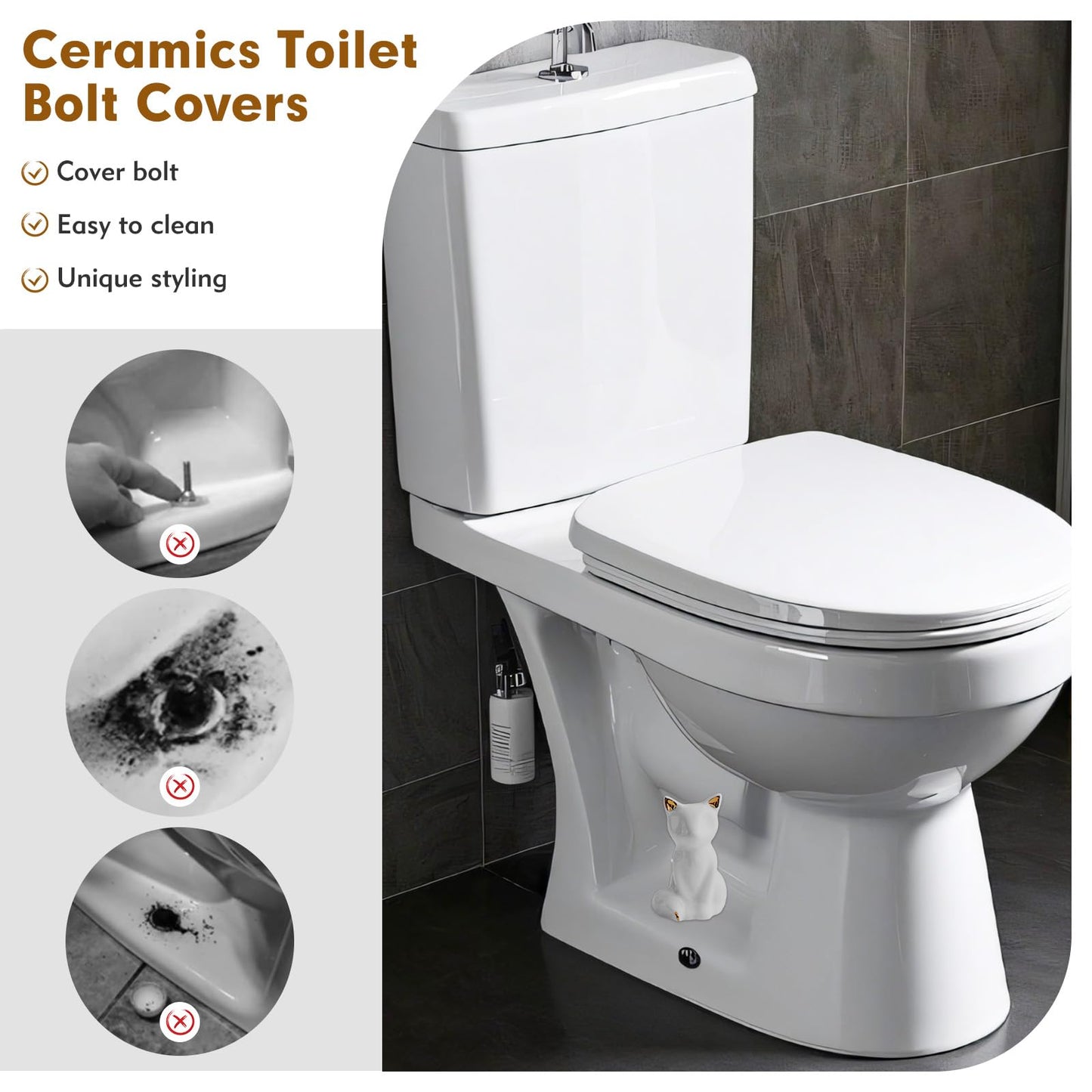 2 Pack Toilet Bolt Covers, Ceramic Toilet Bolt Caps Lovely Cate Toilet Screw Cover Caps, Fashion Toilet Decorative Avoid Rusting of Bolts