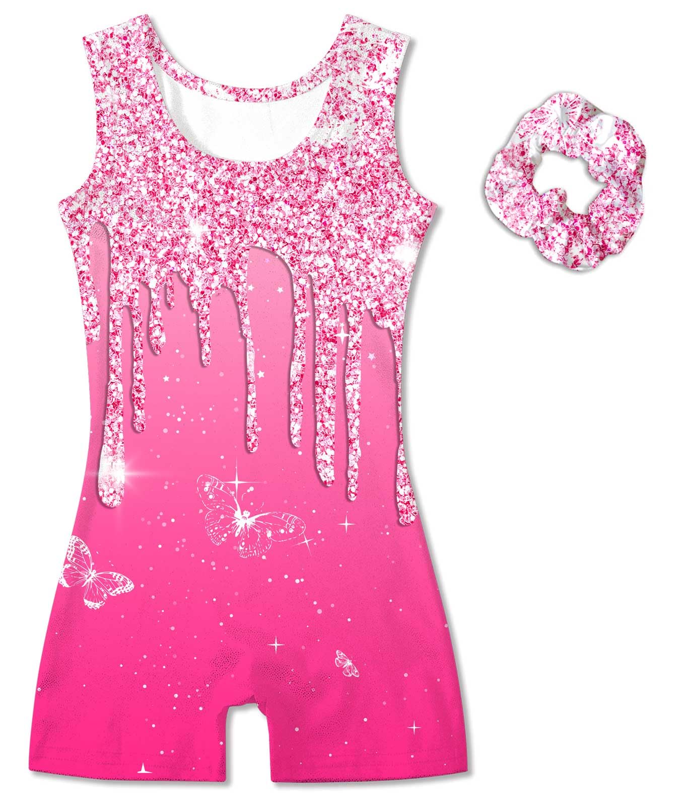 Vogseek Sparkly Gymnastics Leotards for Girls 11 12 Years Cute Hot Pink Shiny Ballet Dance Unitards Biketards with Hair Scrunchie Kids Tumbling Shorts Activewear Clothes, Sparkle Rose Red