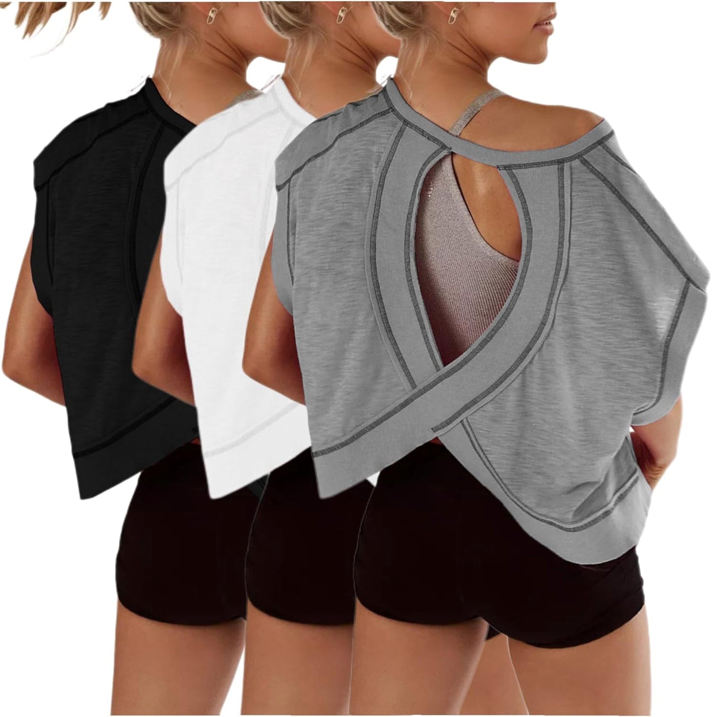 Skiennix Women's 3-Pack Open Back Crop Tops - Casual Short Sleeve Workout Shirts for Yoga & Gym