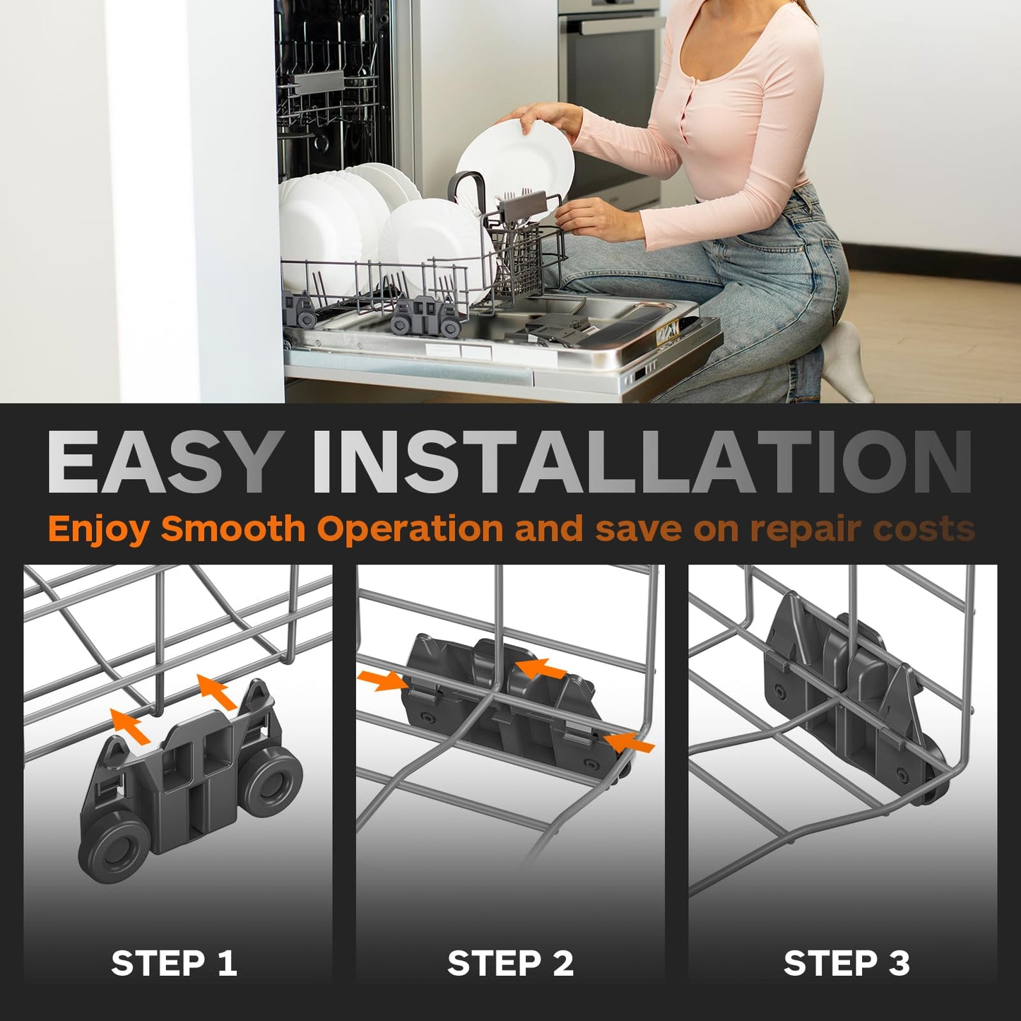4 Pack Dishwasher Rack Wheels W10195416, Updated Resistant to Rust Lower Rack Wheels Compatible with KitchenAid Whirlpool Kenmore Maytag Model W10195416v W10195417