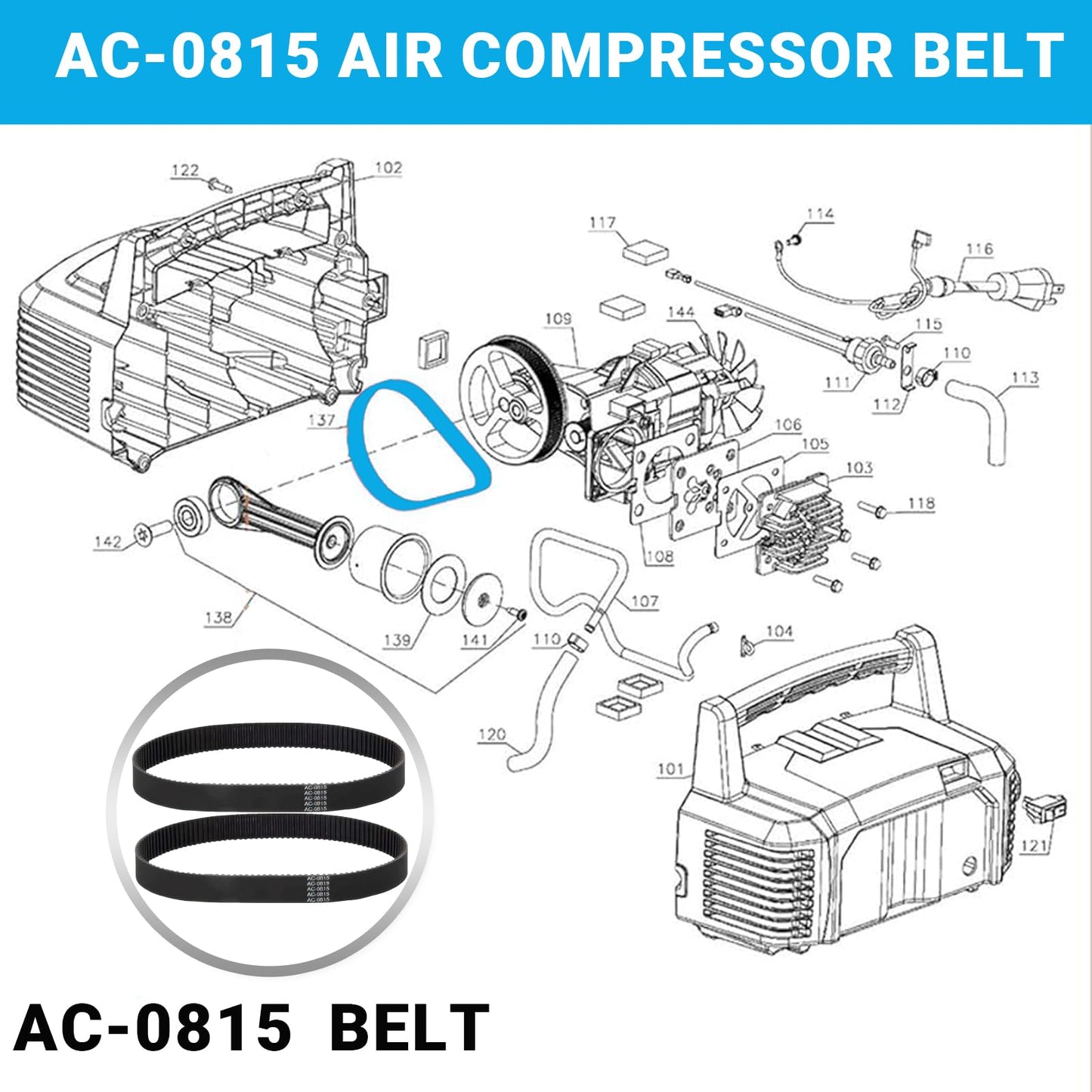 (2-Pack) AC-0815 Air Compressor Timing Belt– Replacement Belt for Craftsman, PORTER CABLE, DEWALT, Black & Decker, Delta, Bostitch – Fits Models CF2600, D55141, CP503 – Replaces CAC-1311, CAC-1342