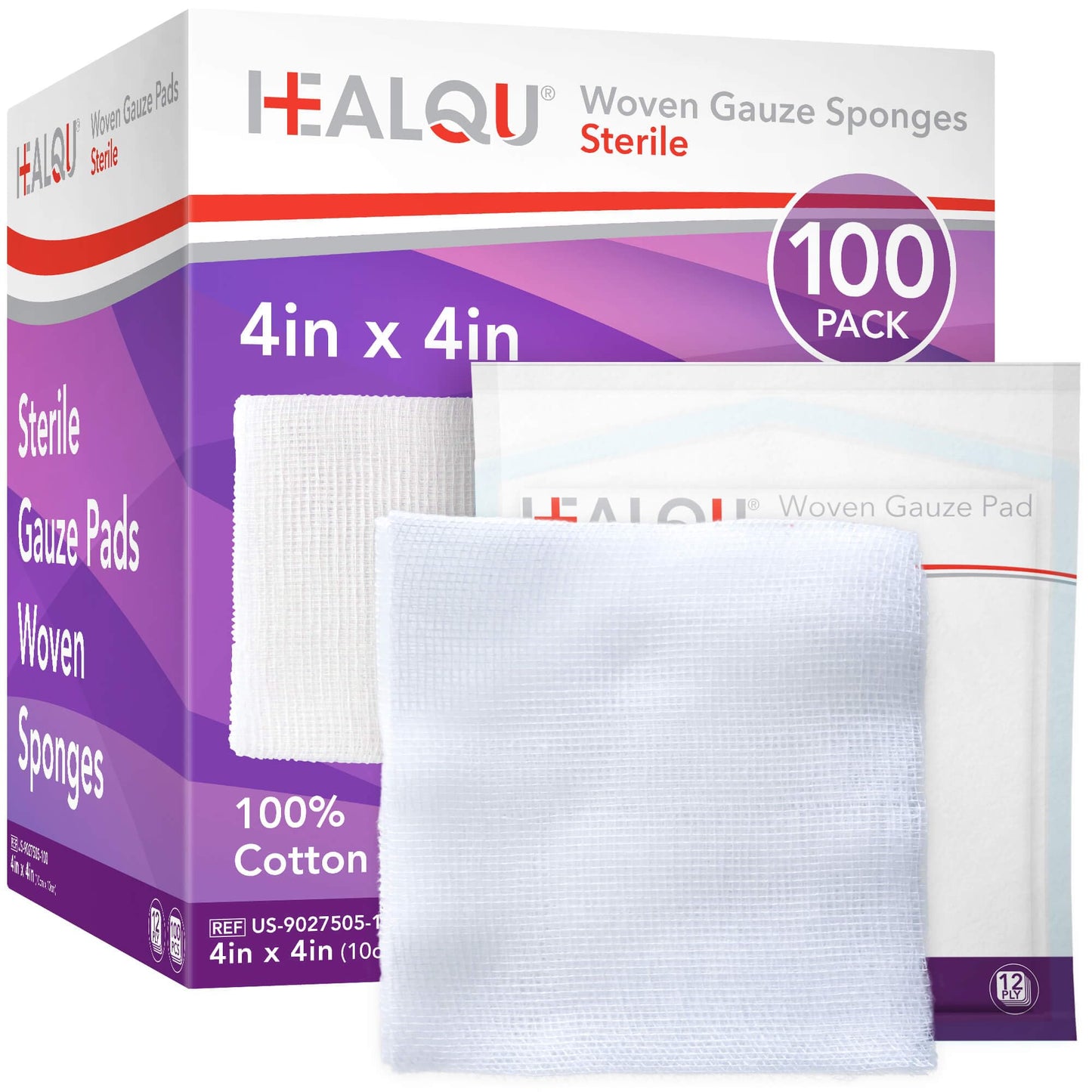 4x4 Large Sterile Gauze Pads - 100 Pack, 12-Ply Woven Cotton, Individually Wrapped Medical Gauze Sponges, Soft & Highly Absorbent Wound Dressings for First Aid Kits & Home Care by HEALQU