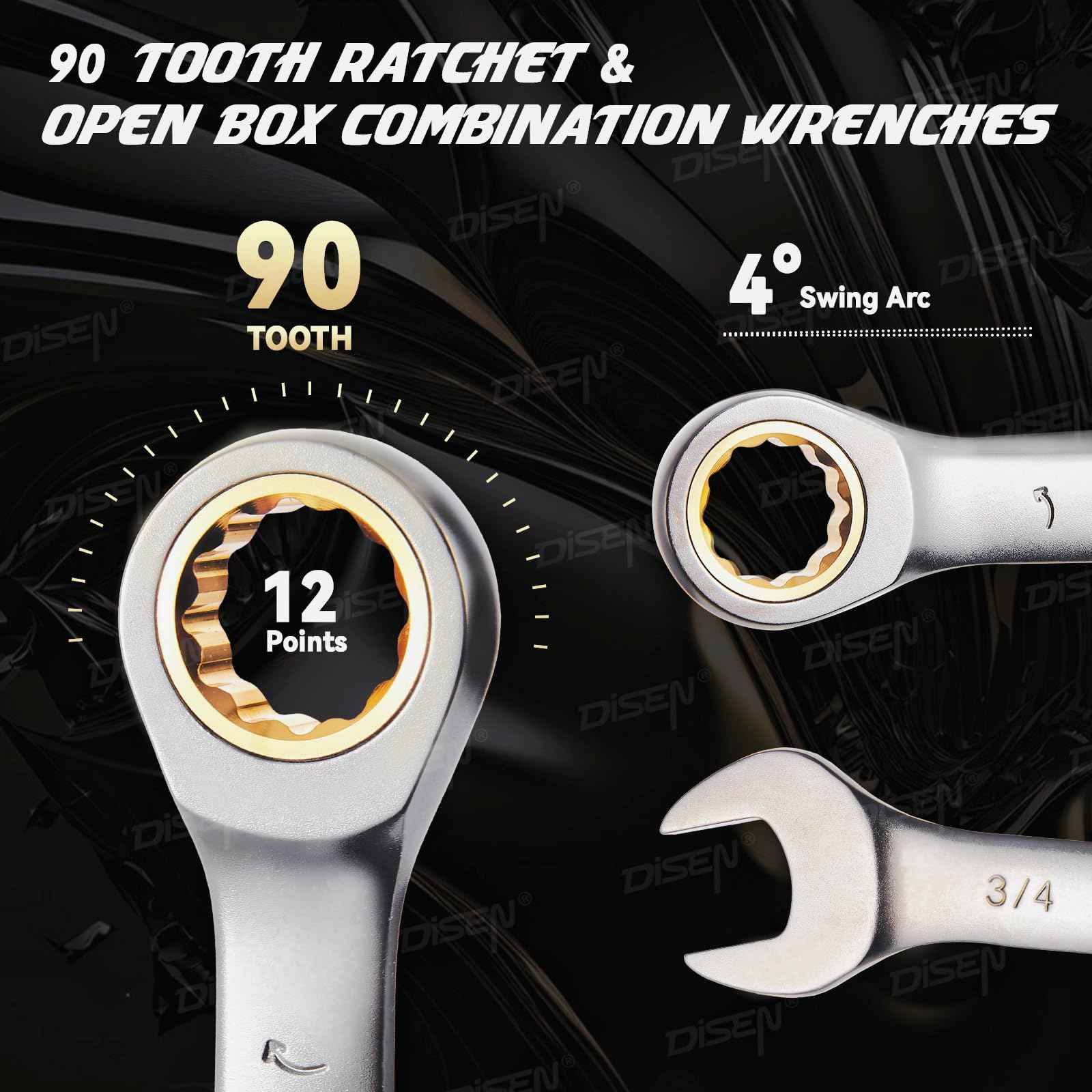 DISEN Ratcheting Wrench Set SAE Upgraded Open&Box End 90 Teeth 5/16", 3/8", 7/16", 1/2", 9/16", 5/8", 11/16", 3/4" Combination Ratchet Wrenches with Organizer, Black Nickel Coated,CR-V Steel (8PCS)