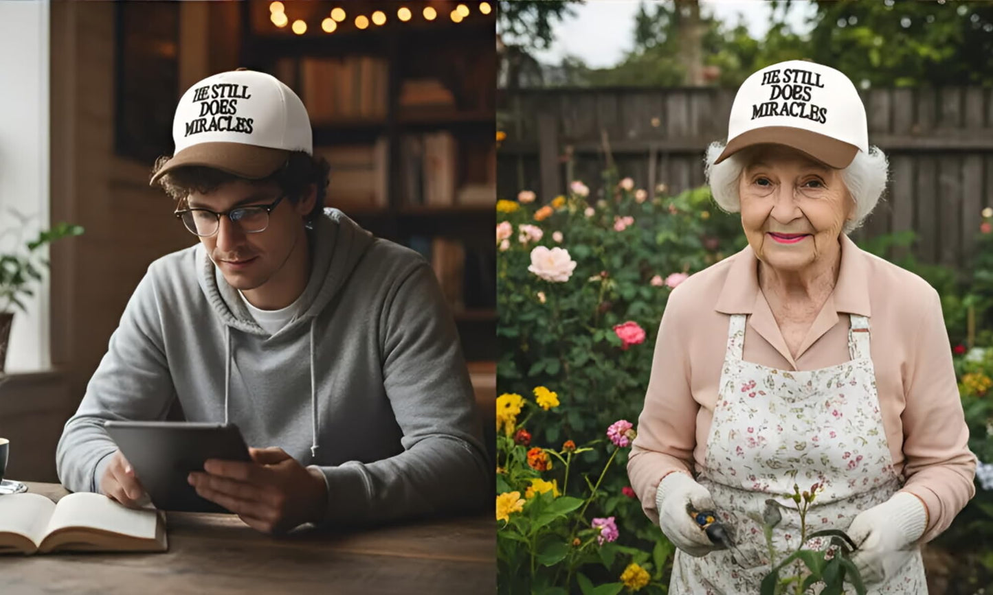 He Still Does Miracles Hat for Women Men, Embroidered Christian Trucker Hat, Two Tone Adjustable Snapback Baseball Cap,White/Brown