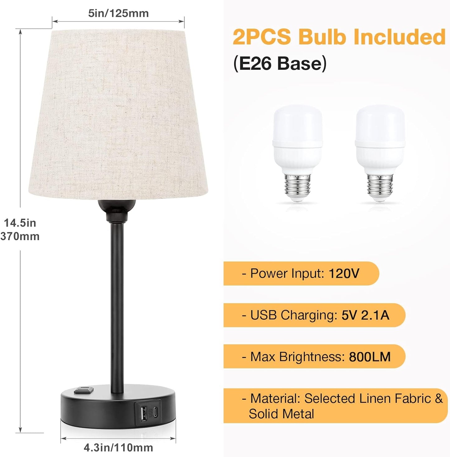Set of 2 Mini Bedside Lamps with USB-C & AC Outlet - Dimmable Touch Nightstand Lights for Bedrooms