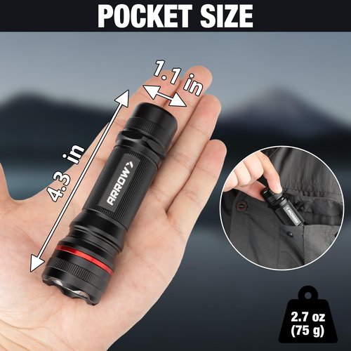 Arrow LED Flashlight 350 Lumens, Bright Flash Light with High/Low/Strobe Modes, Pocket-Sized Handheld Flashlights for Outdoor, Camping, Repair, or Emergency Use, 3 AAA Batteries Included