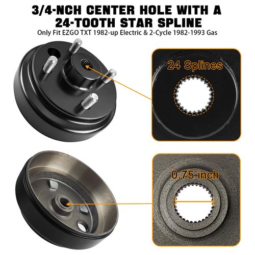 EZGO Brake Drum Hub Assembly with Nuts for EZGO TXT PDS 1982-up Electric & 1982-1993 2-Cycle Gas Golf Carts 24 Tooth Star Spline EZGO Rear Hub Enhanced Braking OEM 19186G1P, 17298-G1, 17082-G2