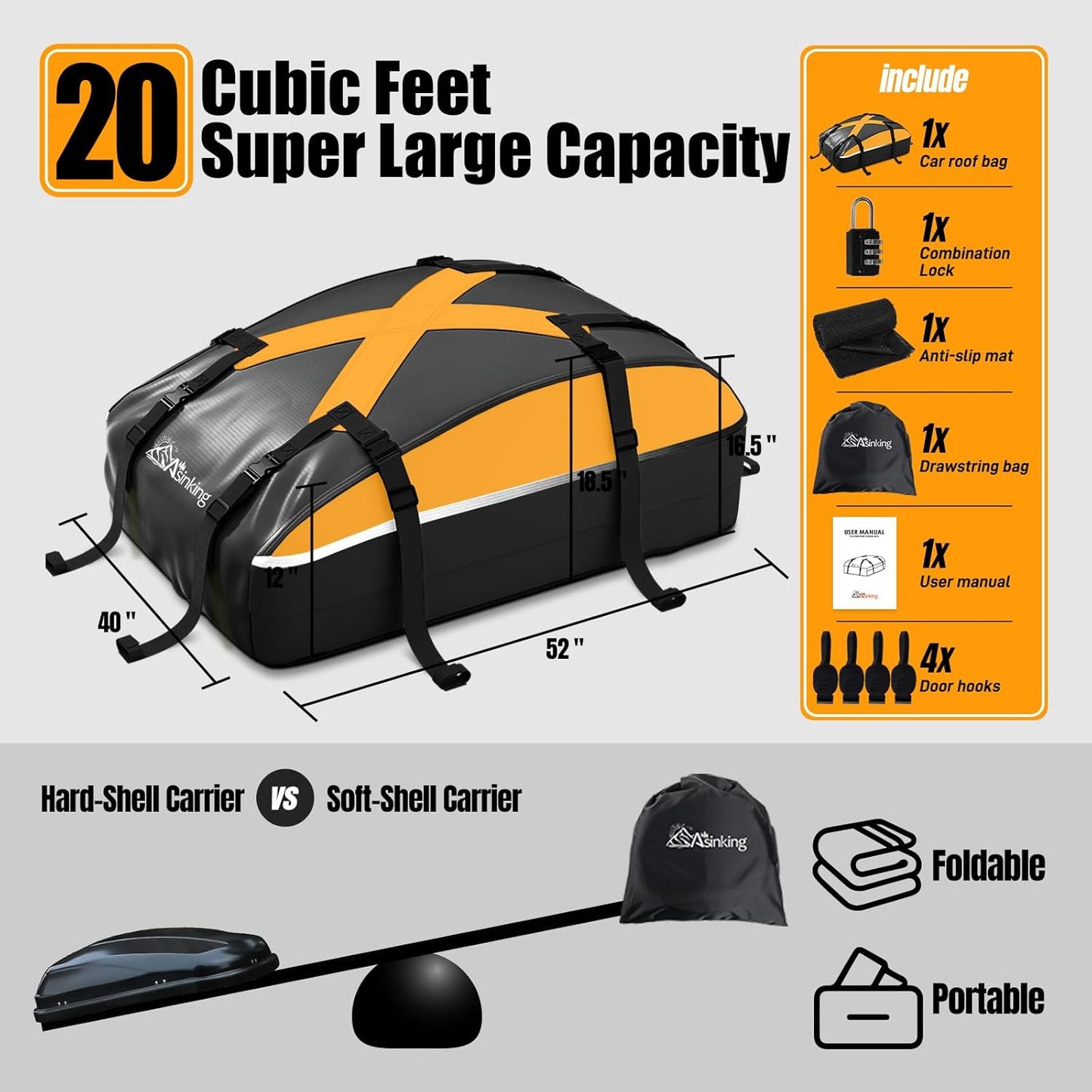 Skiennix Rooftop Cargo Carrier Bag - 100% Waterproof 20 Cubic Feet Luggage Carrier for All Vehicles | Includes Anti-Slip Mat & Hooks