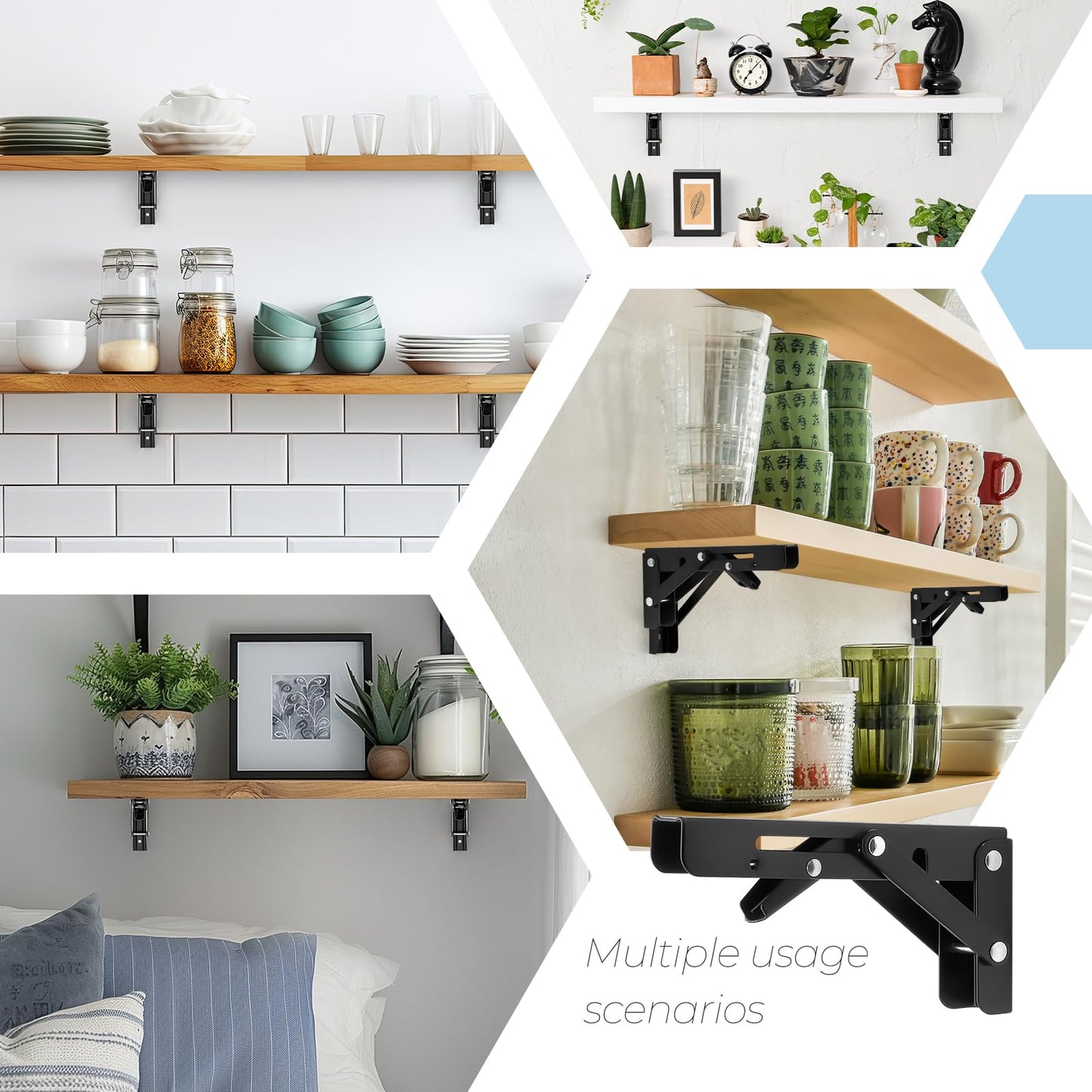 Home Expert 6 Inch Folding Shelf Brackets, 2 Pack (1 Pairs) Heavy Duty Metal Collapsible Wall-Mounted Brackets, Space-Saving DIY Foldable Shelf for Benches and Tables, Matte Black