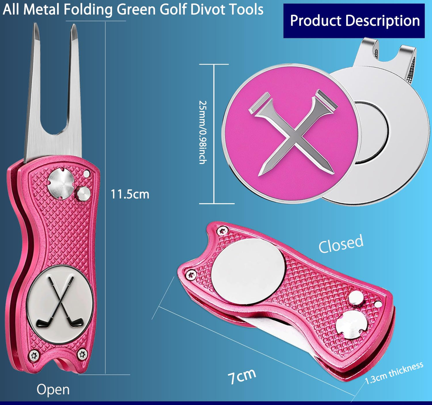 Adhere Golf Ball Markers & Divot Tools Personlized Enamel Ball Markers with a Magentic hat Clip,Unique Premium Golf Accessories Gift for Golfer. (E-Golf tees+Golf Club +Pink Divot Tools)