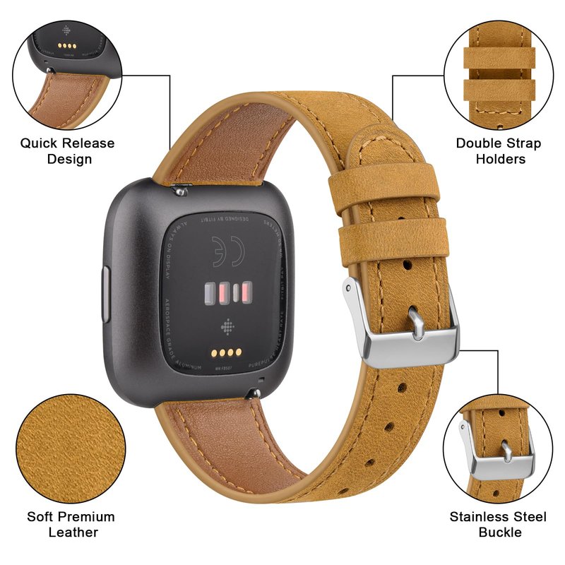 Vancle Band Compatible with Fitbit Versa, Genuine Leather Band Replacement Strap for Women & Men