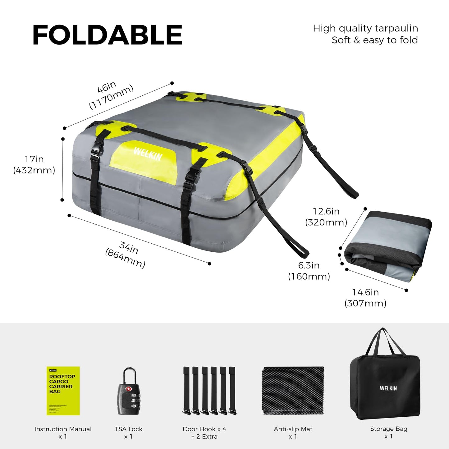 WELKIN Heavy Duty Rooftop Cargo Carrier Bag - 15 Cubic Waterproof Car Roof Bag for All Vehicles with/Without Rack - Includes Anti-Slip Mat, 6 Door Hooks, TSA Lock & Storage Bag - Reinforced Straps