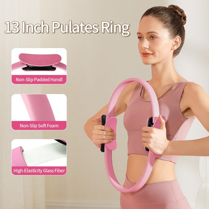 SirDone Pilates Kit for Women, Pilates Equipment for Home Workouts, 13-Piece Pilates Essentials Kit with Pilates Ring and Ball Set, Socks, Figure‑8 Exercise Band, 5-Level Resistance Bands, Bag(Pink)