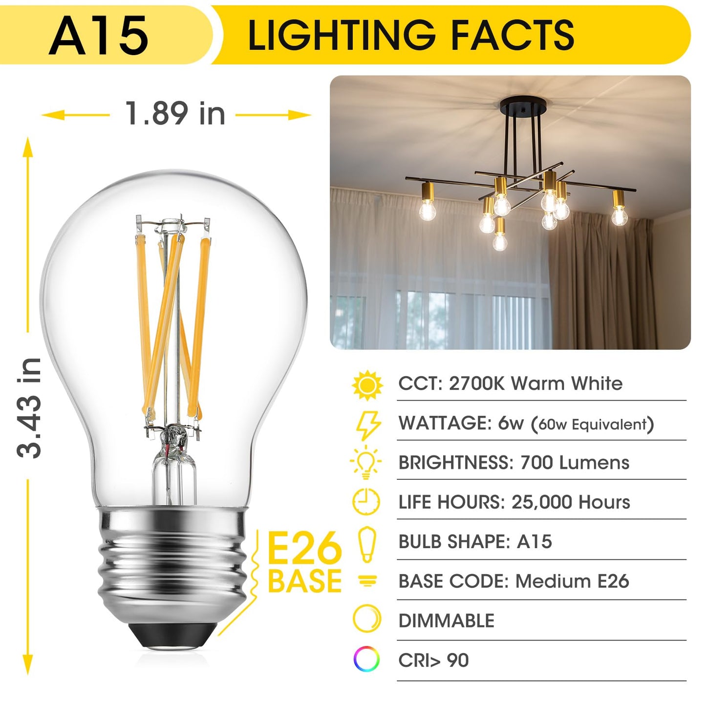 Gozelux A15 LED Bulbs - Vintage Edison Bulbs, Dimmable, Clear Glass, E26 Medium Base, 6W (60W Equivalent), 2700K Warm White, 700LM, for Ceiling Fans, Appliances, Refrigerator Lights - 6 Pack