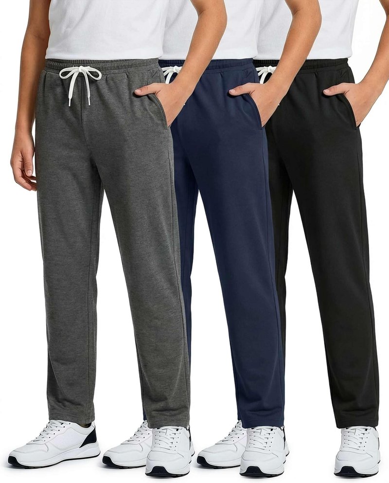 Real Essentials 3 Pack: Boys' French Terry Open Bottom Sweatpants Sweats for School Kids Teens with Pockets- Set 2, L