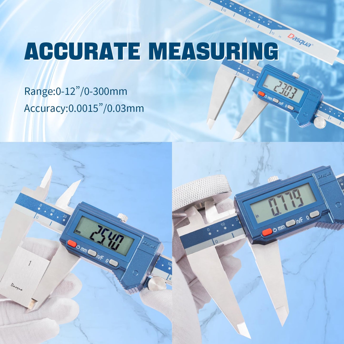 Dasqua Digital Caliper 12", IP54 Stainless Steel Water Resistant Caliper with Large LCD Display and Storage Case, Easy Switch Between Inch/Metric/Fraction, Accuracy 0.001'', Precision Measuring Tool