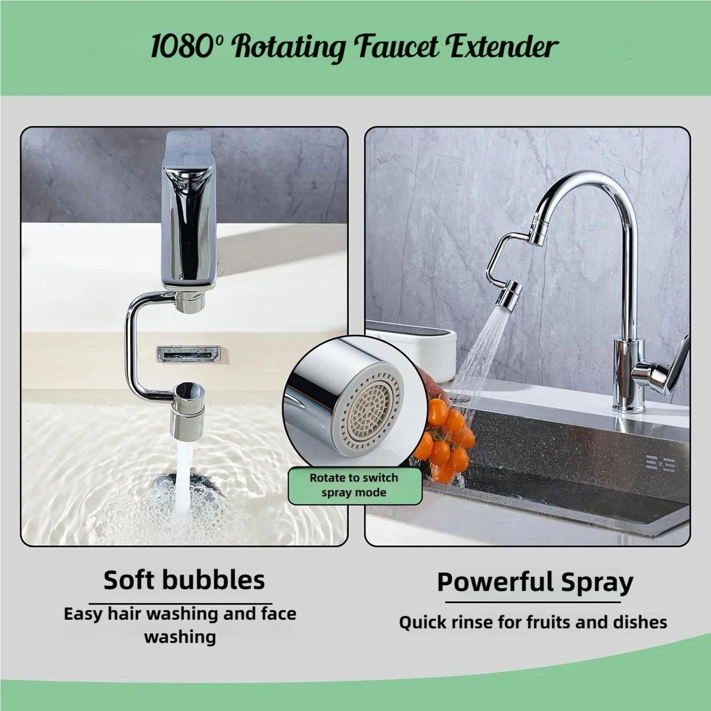 flexiflow 1080° Swivel Faucet Extender, Brass Sink Faucet Aerator Extension with Adjustable Robotic Arm – 2 Spray Modes, Fits 15/16” & 55/64” Threads for Kitchen & Bathroom (1pcs)