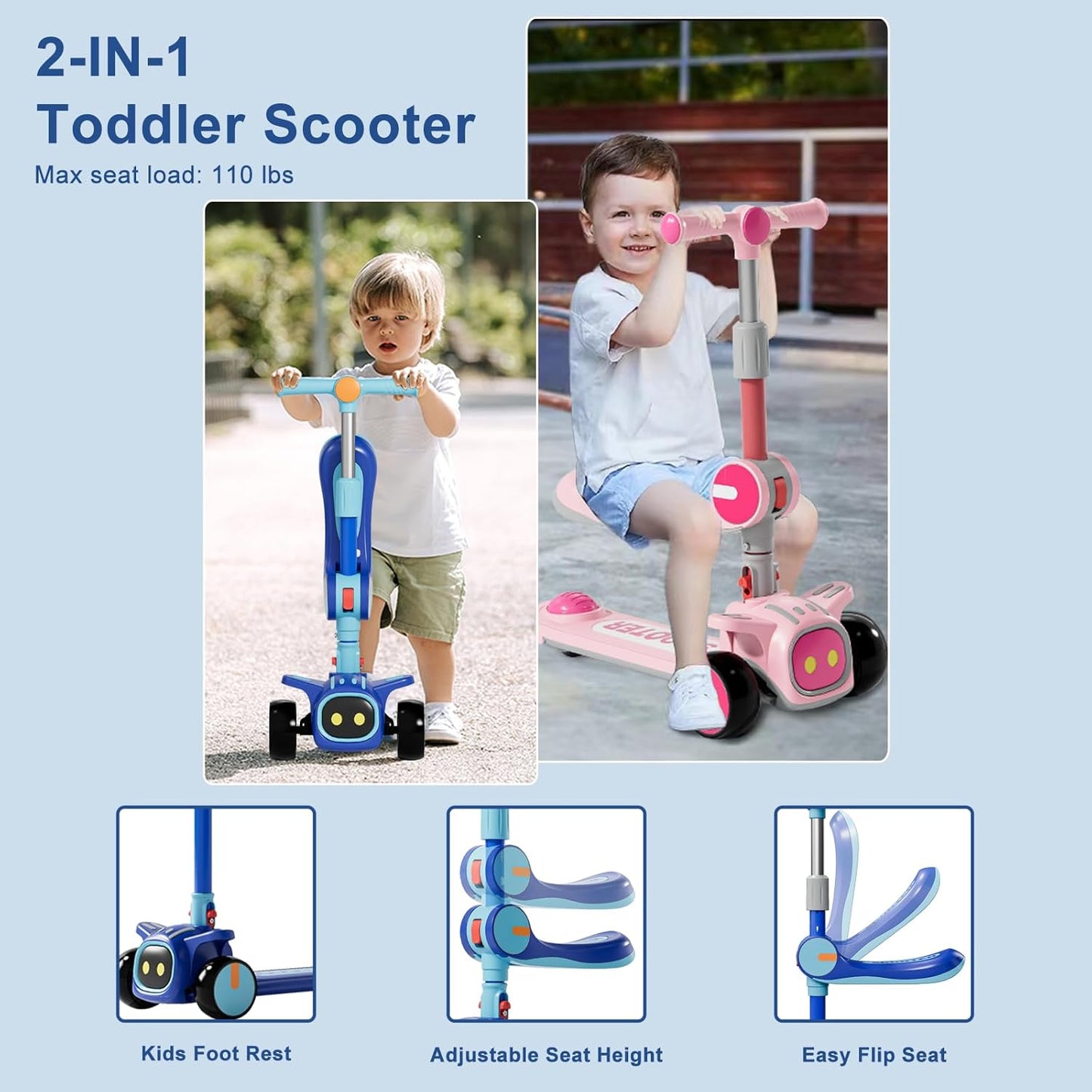 Unbreakable 2-in-1 Scooter by [Brand Name] | Adjustable Height & Seat | Safe 3-Wheel Kick Scooter for Kids Ages 3-8