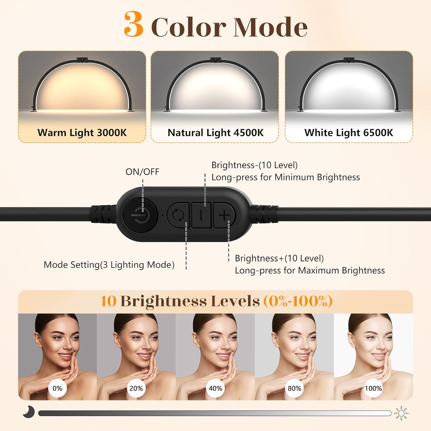 Yokilly Foldable Half Moon Nail Desk Lamp with Phone Holder - 3 Color Modes & 10 Brightness Levels for Manicure Salon