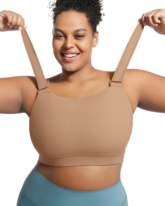 VFUS Women's Sports Bra Wirefree Adjustable Medium-High Support Everyday Wear for Large Bust Plus Size with Removable Pads (Large, Latte Brown)