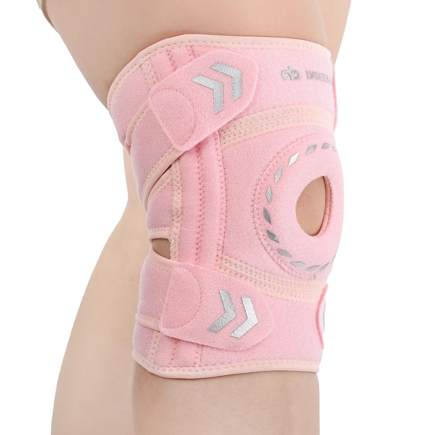 INDEEMAX Knee Brace for Women & Men, Adjustable Knee Support with Side Stabilizers & Patella Gel Pads for Knee Pain, Meniscus Tear, ACL, MCL, Arthritis, Injury Recovery, Running, Workout, Pink
