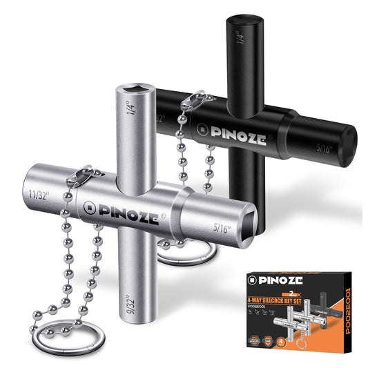 Pinoze 4 Way Sillcock Water Key, 1/4", 9/32", 5/16", 11/32", 2-Pack Steel Multi-Function Utility Key with Keychain for Sillcocks Faucets Valves Spigots, Silver & Black