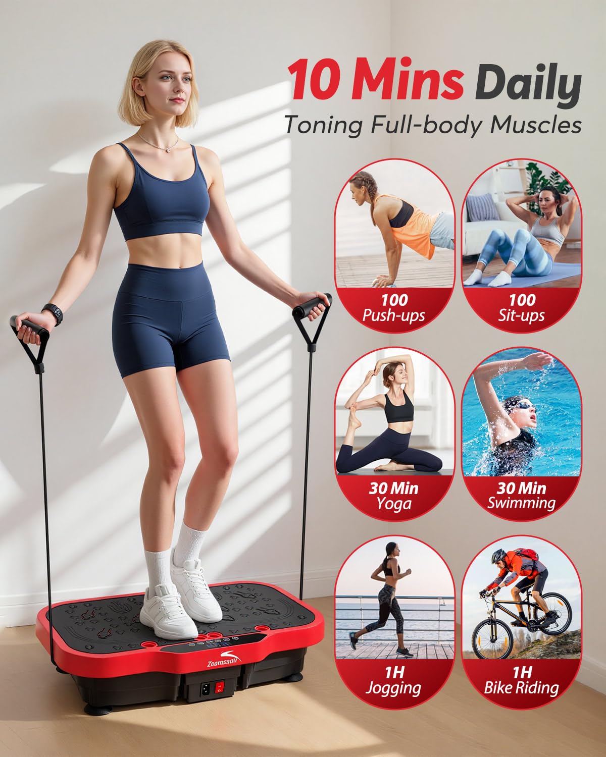 Zoomsnail Vibration Plate Exercise Machine, 8000 Vibrations/min Adjustable Fitness Platform, 400 Lbs Capacity Whole Body Workout Extra Large Size Platform with Bluetooth for Weight Loss, Women & Men