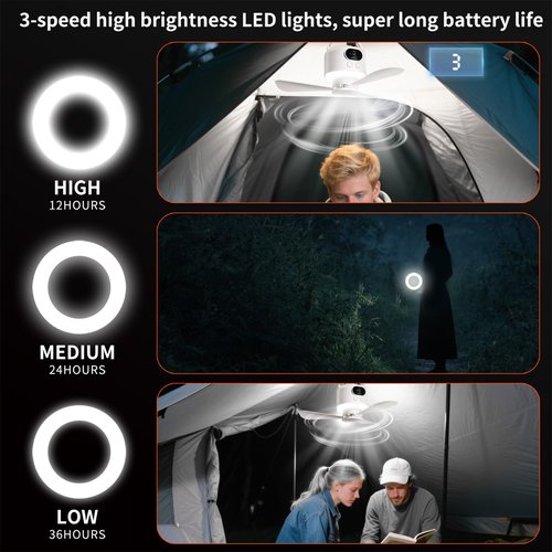 geonfi Camping Fan 10400mAh Battery Operated, USB Rechargeable Tent Fan with Remote Control,3 Detachable Blades, LED Light, 3 Speeds, Timer, Portable Ceiling Fan for Camping(White)