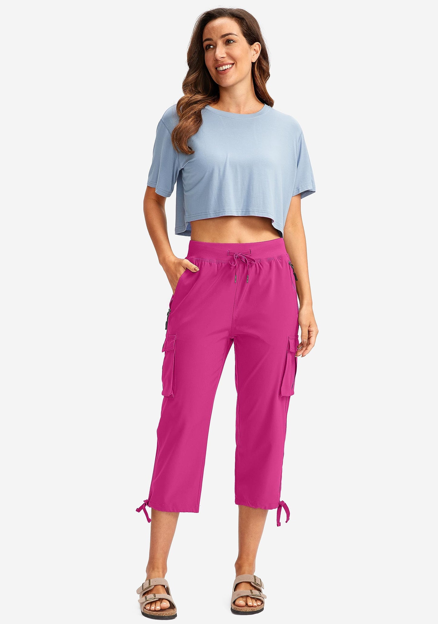 Soothfeel Women's Cargo Capris Pants with 6 Pockets Lightweight Quick Dry Travel Hiking Summer Pants for Women Casual (Rose, XXL)