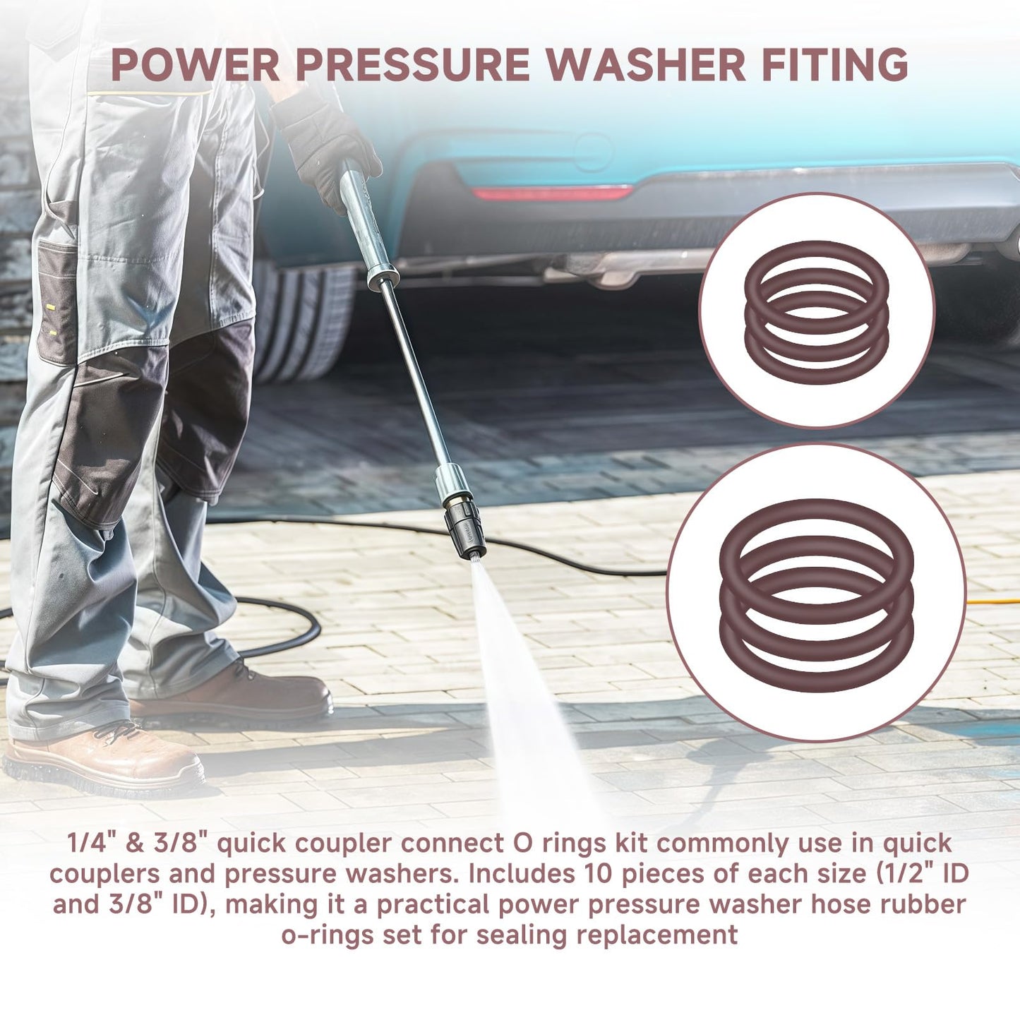 Cutetool (20pcs) Power Pressure Washer O-Rings Kit for 1/4" & 3/8" Quick Coupler for High Temp Viton O-Rings for Power Washer Hose & Spray Gun Connections