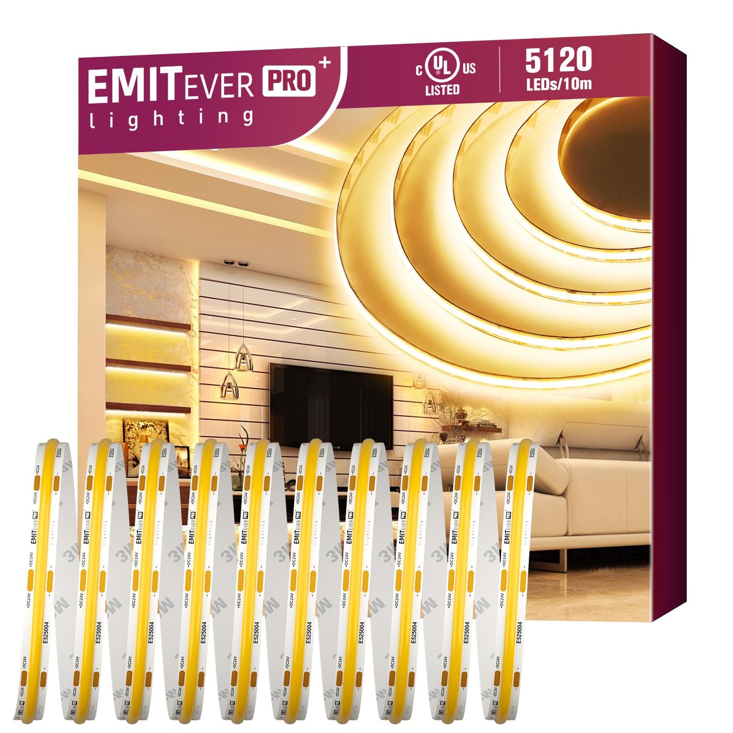 EMITEVER COB LED Strip Lights Warm White, 3000K Tape Light Premium High Density, DC 24V, 400+Lumens/ft, 5120LEDs/Spool, Ra 90+, 32.8ft/10m, UL Listed 5 Year After-Service(Power Supply Sold Separately)