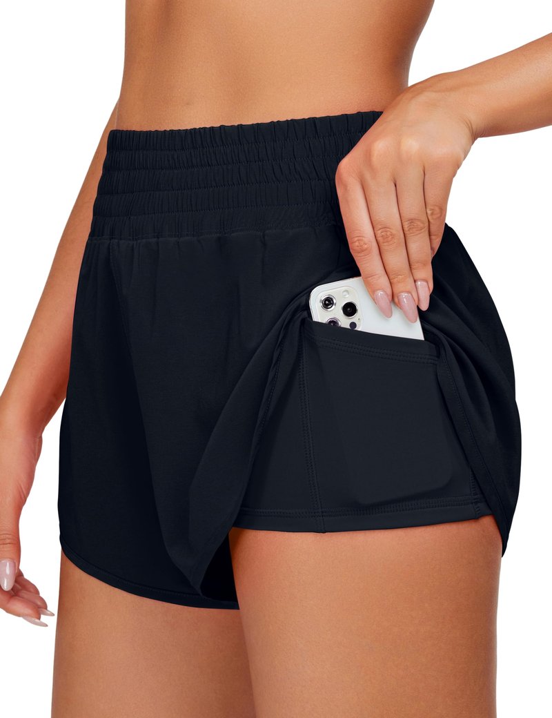 BMJL Womens Running Shorts High Waisted Side Pocket Athletic Shorts High Side Slit 2 in 1 Gym Shorts(Black,XS)