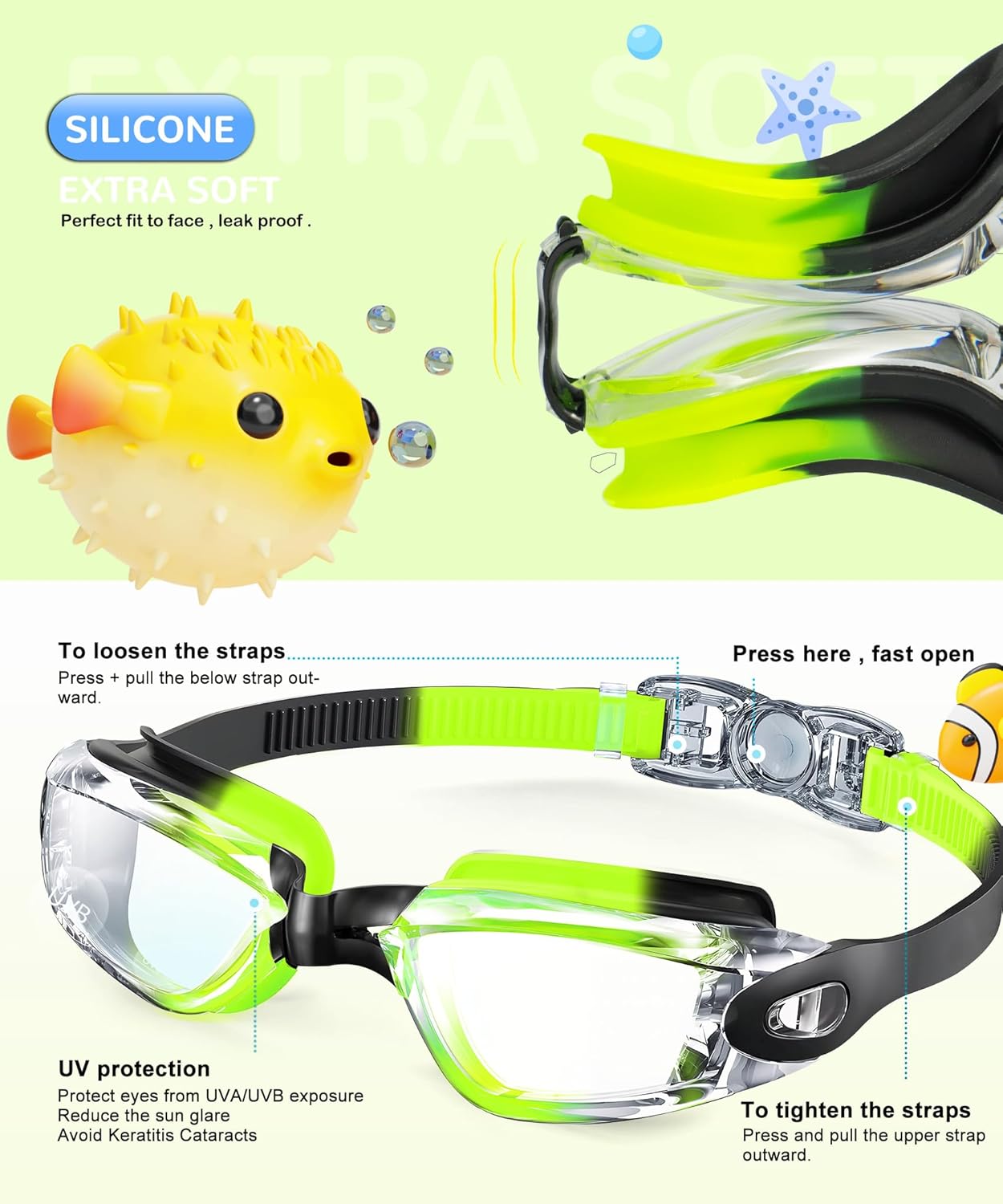 NSSIW Kids Swimming Goggles - Anti-Fog UV400 Protection | No Leak Design for Ages 6-14, 3 Pack