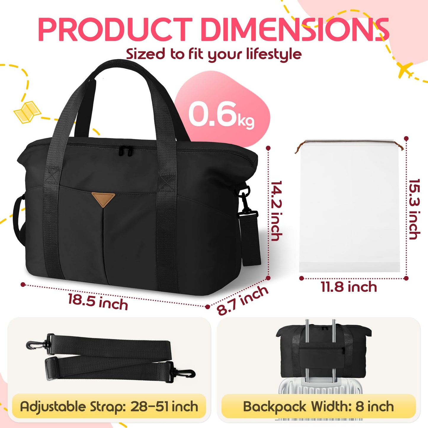 Magimack Duffle Bag for Travel, Carry-on Travel Bag with Trolley Sleeve, Sport Gym Bag for Women, Overnight Bag for Men, Hospital Bag for Labor and Delivery (Black)
