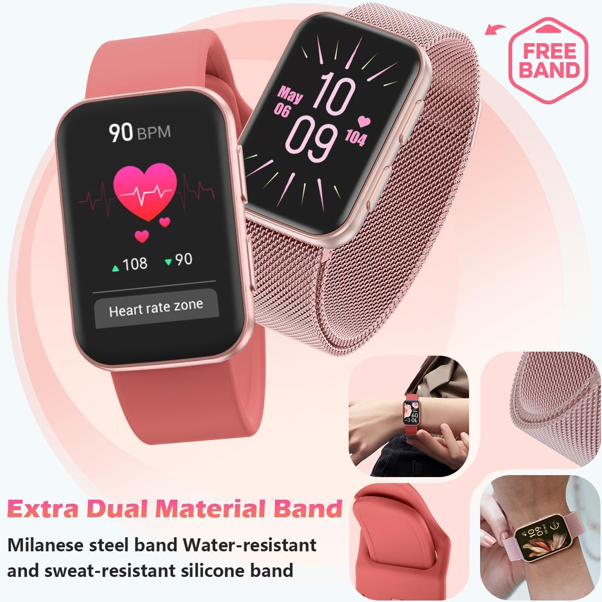 MorePro Fitness Tracker - 24/7 Heart Rate & Blood Oxygen Monitor | Waterproof Smartwatch for Android/iOS - Active Pink