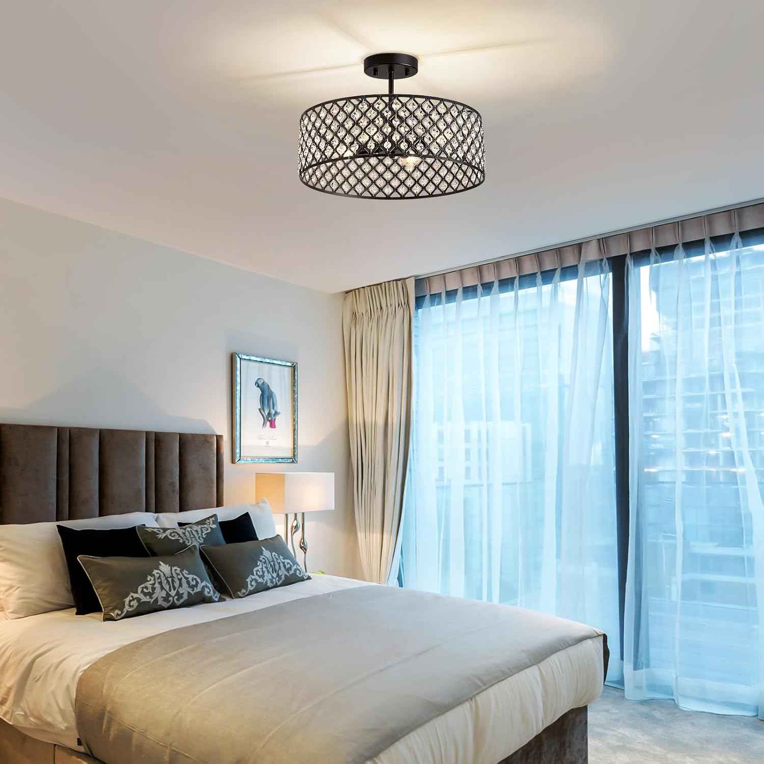 Modern Black Crystal Semi Flush Mount Ceiling Light Fixture - 11.2" Round Chandelier for Dining Room, Hallway, Kitchen & Bedroom