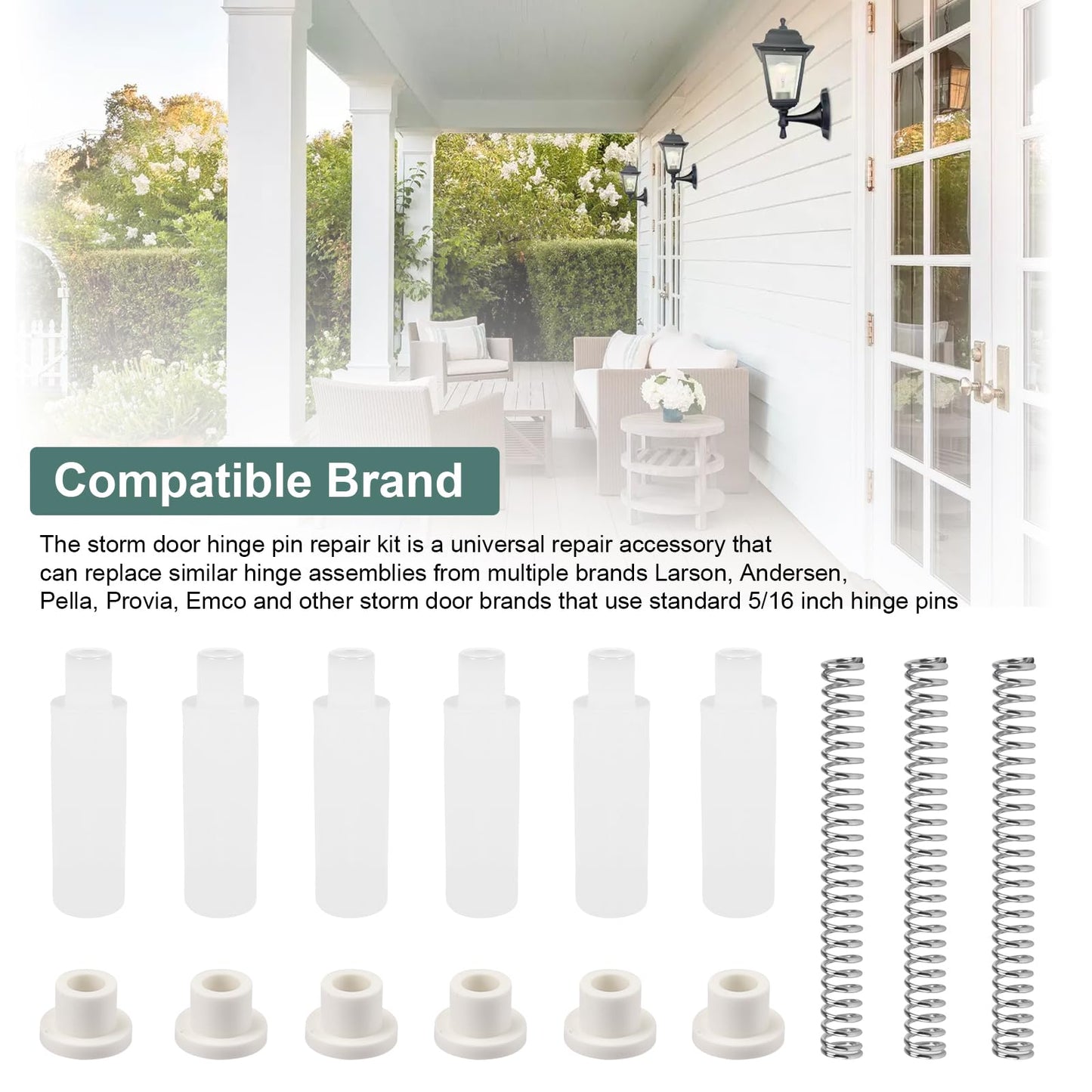 Storm Screen Door Hinge Pin Kit K 5131 Compatible with Prime-Line, Storm Door Repair Replacement Parts - 2-9/16 Inch Steel Springs, 5/16 Inch Nylon Pins and Bushings Fit for Emco/Andersen, 3 Sets