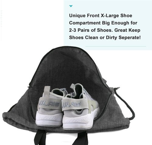 BeeGreen X-Large Drawstring Backpack | Black Gym Bag with Shoe Compartment for Sports