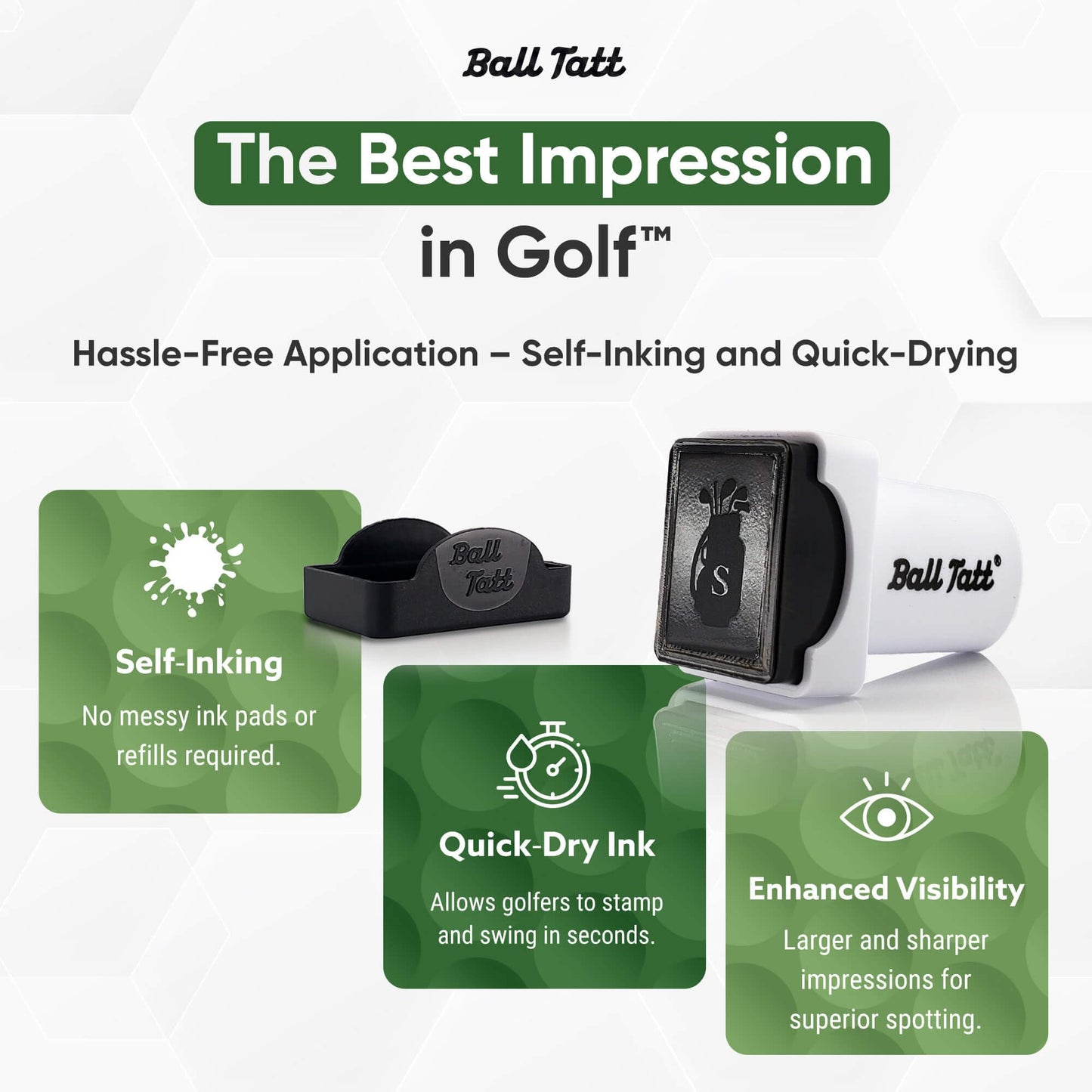 Ball Tatt – Personalized Golf Ball Stamp - Self-Inking Quick-Dry Letter Monogram Stamper, Permanent Waterproof Ball Marking Tool, Reusable No Refills - Ideal Gift for Golfers, Dads - (S Golf Bag)