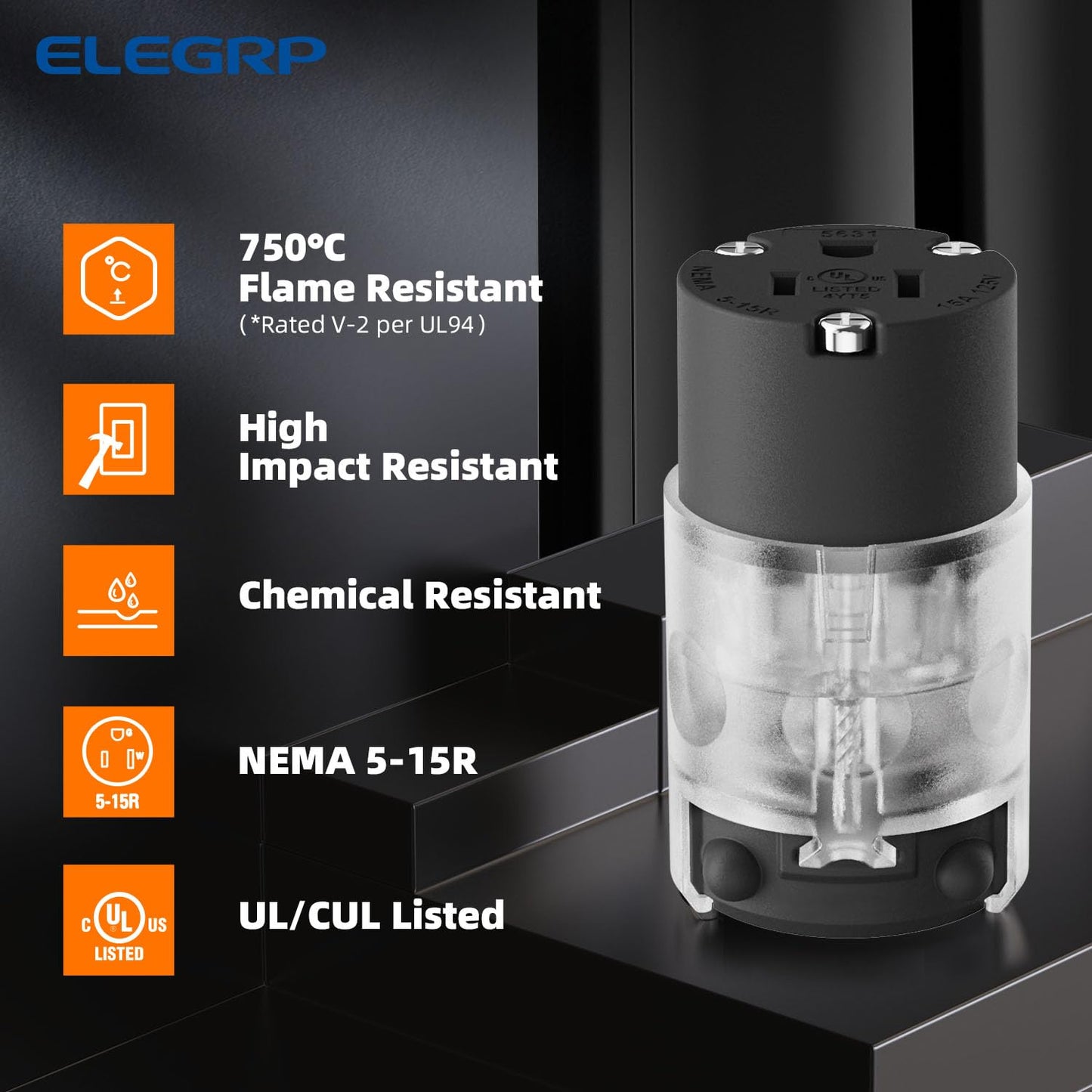 ELEGRP Lighted Straight Blade Connectors, 15 Amp 125 Volt NEMA 5-15R 2 Pole 3 Wire Grounding Electrical Plug Replacement Cord Outlet, Commercial Grade, Black, 1 Pack