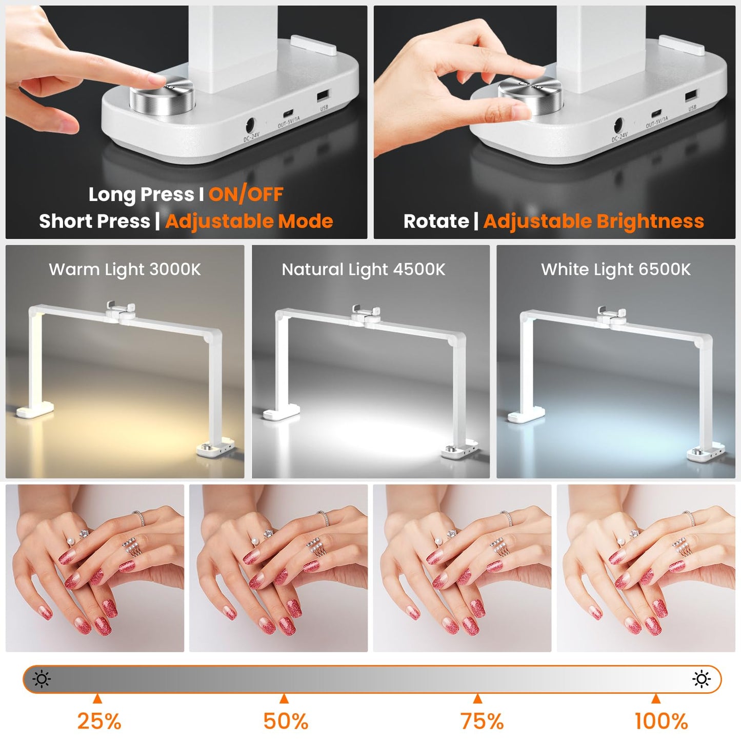 TiInsta Nail Light for Desk,34 Inch 48W Half Moon Light-Adjustable 3000K-6000K Color Temp, 0-100% Brightness,Nails lamp with Phone Stand,for Nails Art,Tattoo,Eyebrow,Beauty,Reading,Salon