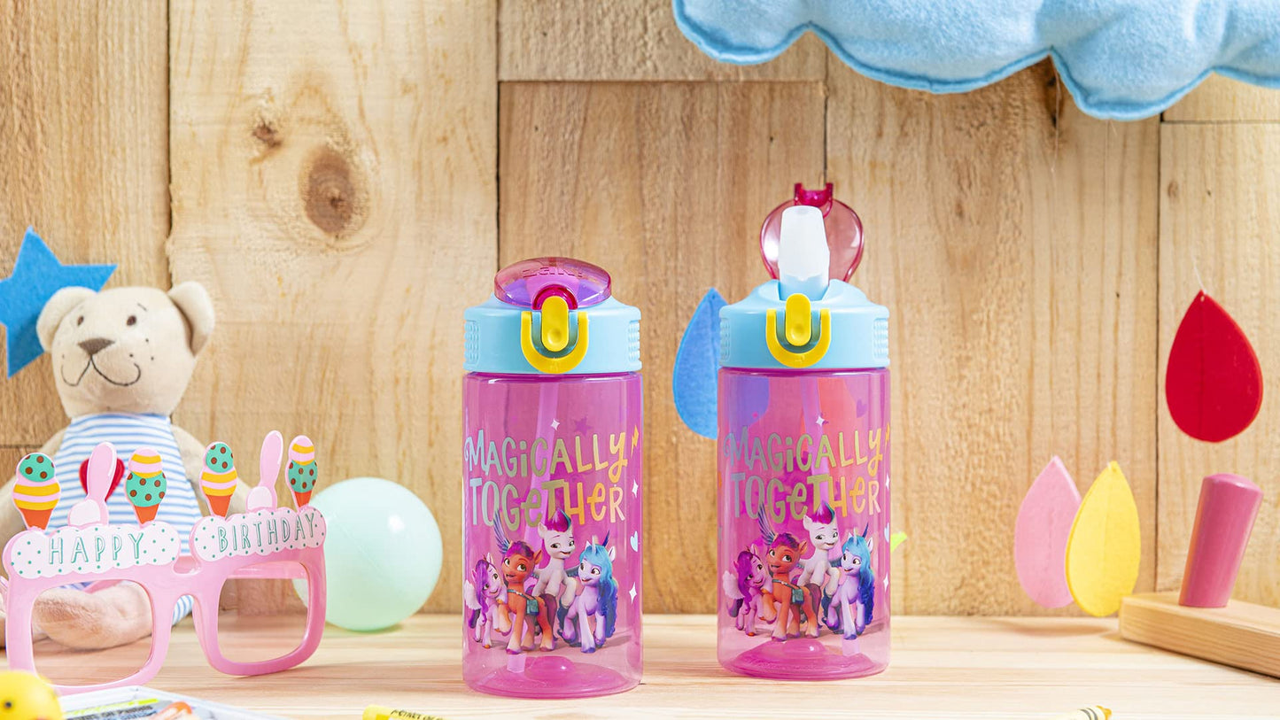 Zak Designs Kids Durable Plastic Spout Cover and Built-in Carrying Loop, Leak-Proof Water Design for Travel, (16oz, 2pc Set), My Little Pony 2pk