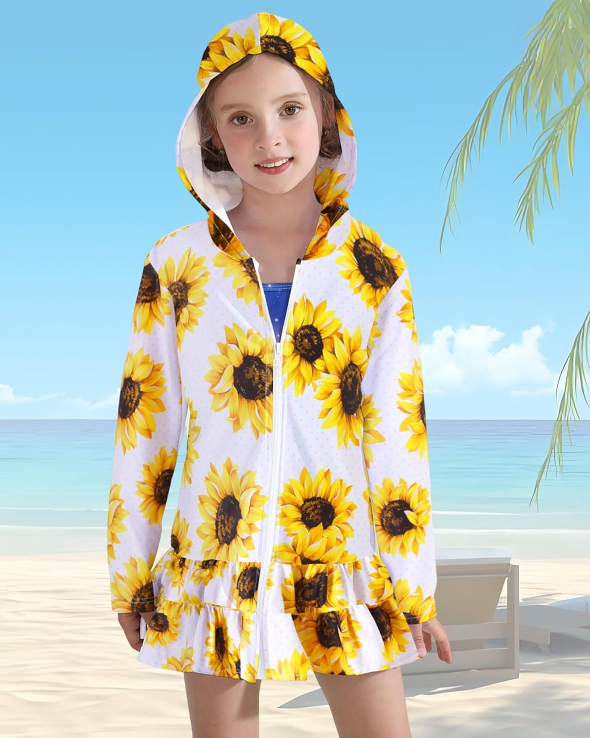 Skiennix Girls Swim Cover-Up Dress - Long Sleeve Hooded Ruffle Bathing Suit for Kids 4-10Y