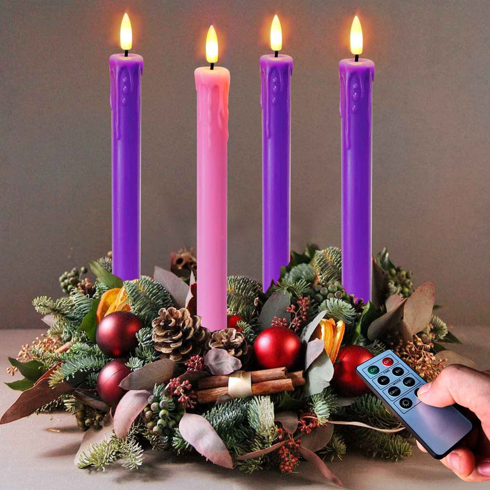 Abkshine Set of 4 LED Christmas Candle Lights, Battery Operated Taper Candles for Advent Wreath, 3 Purple 1 Rose Flickering Wax Flameless Candles for Holiday School Church Celebration
