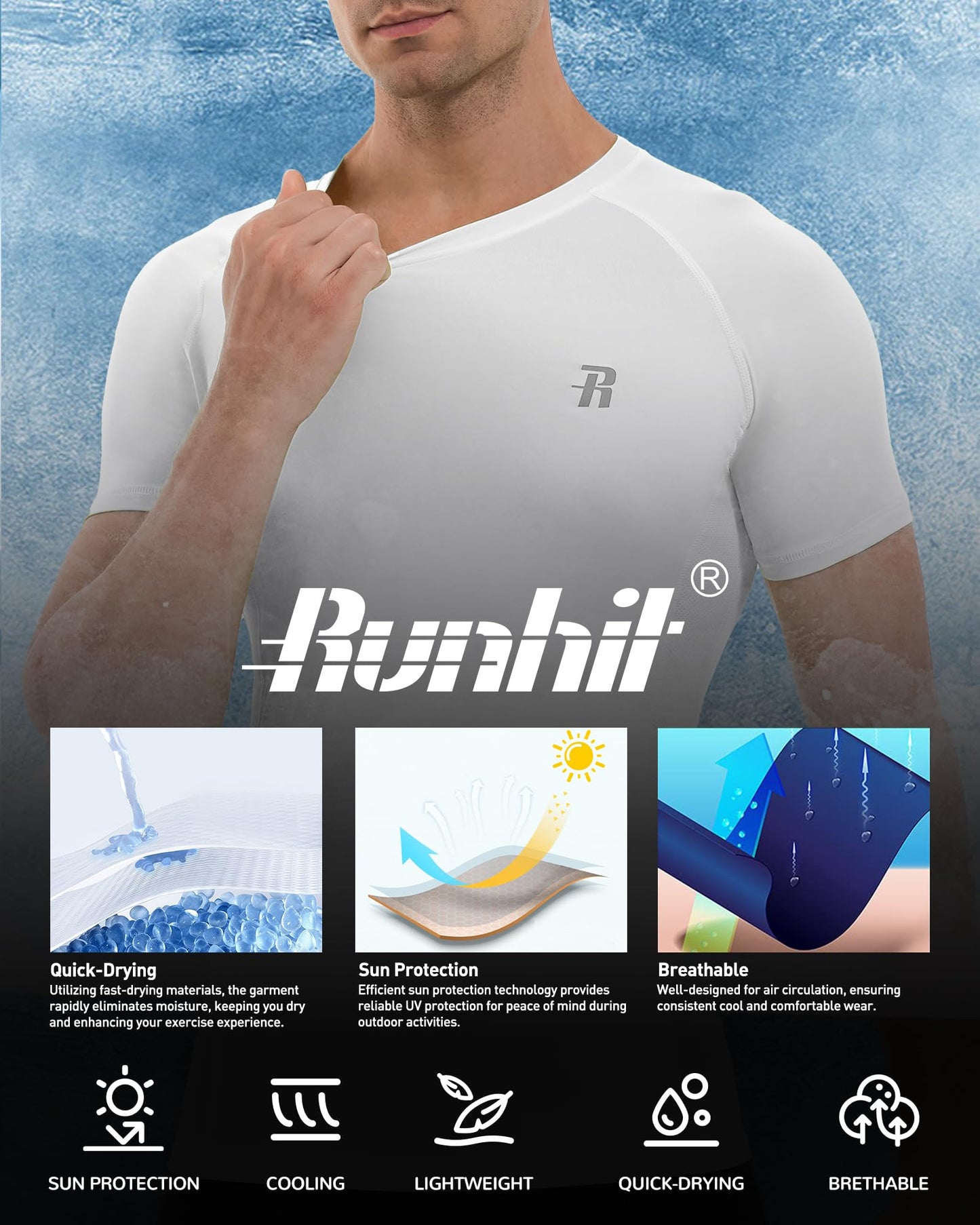 Runhit Compression Shirt Men Short Sleeve White Compression Shirt Men Moisture Wicking Undershirt for Running M