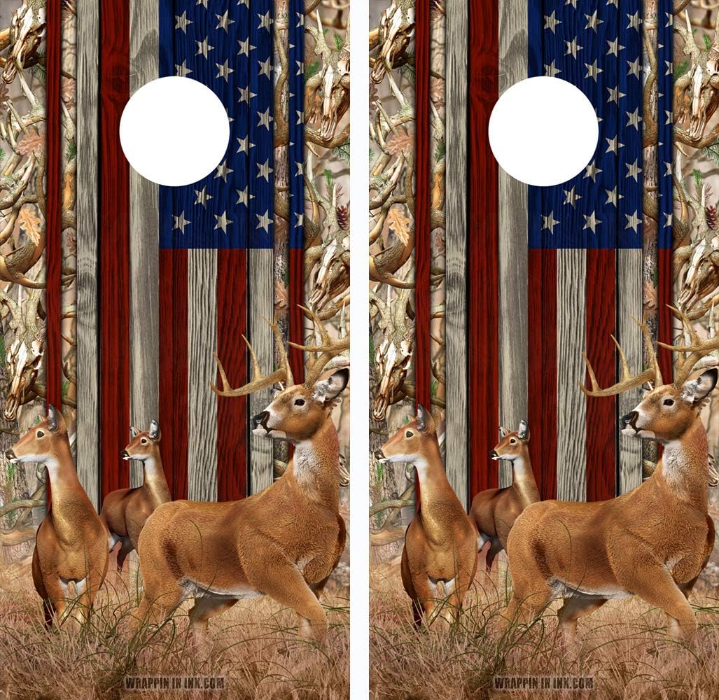 Speed Demon Cornhole Board Wraps - Buck and Doe Design with American Flag & Camo | Set of 2 Laminated Decals