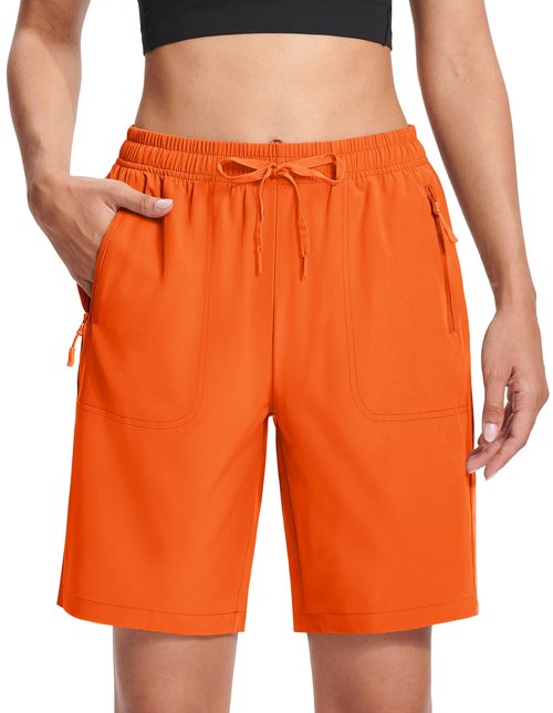 MAGCOMSEN Hiking Shorts Women Orange Quick Dry Cooling Elastic Waist Golf Casual Athletic Shorts Pockets for Seniors L