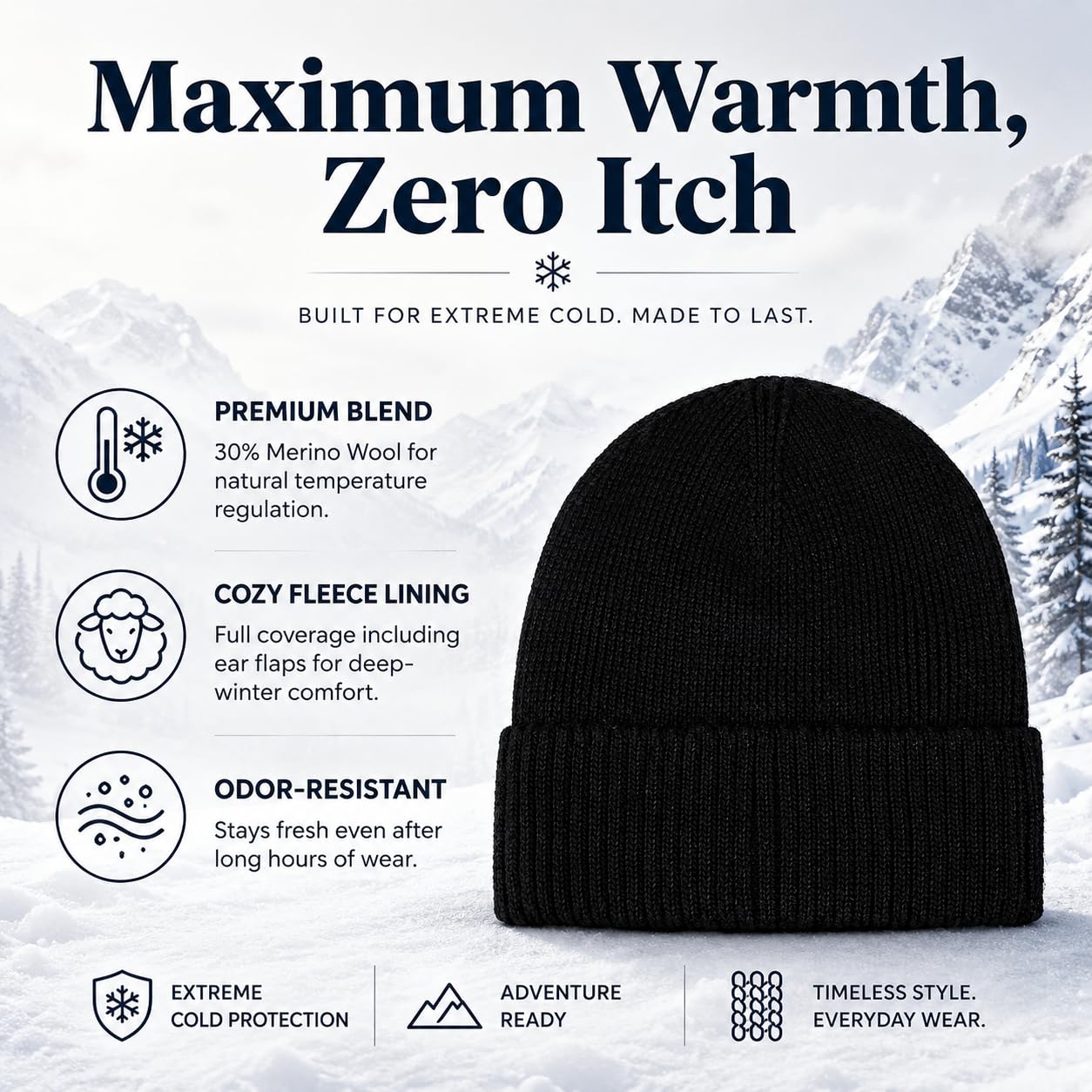 Plus Size Fleece Lined Beanie Hat - M/L/XL/XXL Merino Wool Beanie Hat for Men - Large Winter Hat Ski Skull Cap for Big Heads Black